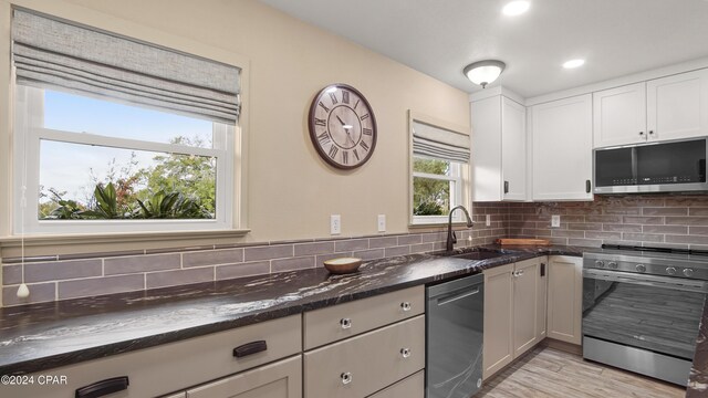 details featuring backsplash, white cabinets, sink, stainless steel dishwasher, and dark stone countertops