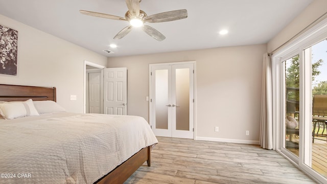 bedroom featuring ceiling fan, access to exterior, and light hardwood / wood-style flooring