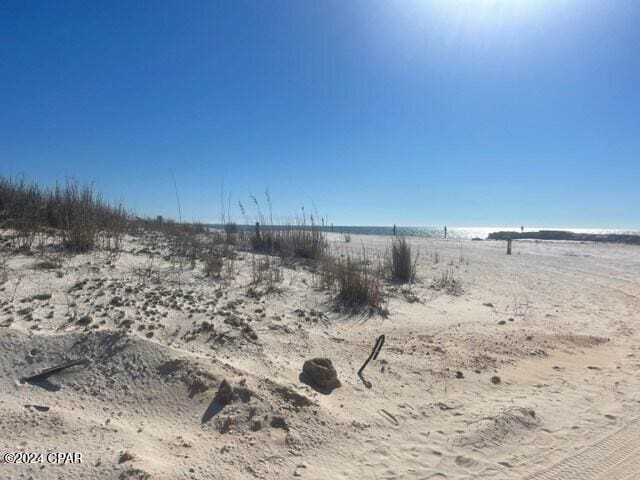 view of landscape featuring a water view and a beach view