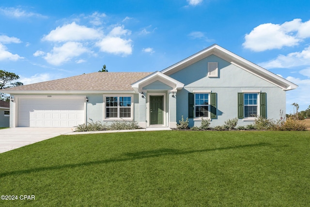 single story home featuring a front yard and a garage