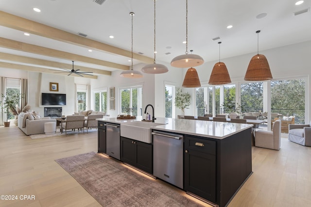 kitchen featuring ceiling fan, dishwasher, hanging light fixtures, an island with sink, and light hardwood / wood-style floors