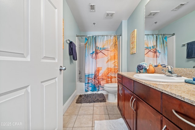 full bathroom featuring tile patterned flooring, vanity, toilet, and shower / bath combo with shower curtain