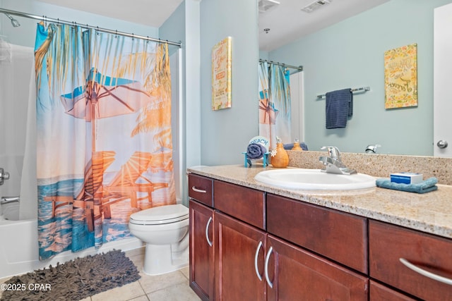 full bathroom featuring tile patterned floors, shower / bath combo, toilet, and vanity