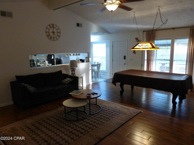 living room featuring a textured ceiling, ceiling fan, dark wood-type flooring, billiards, and lofted ceiling