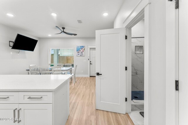 living room featuring ceiling fan and light hardwood / wood-style flooring