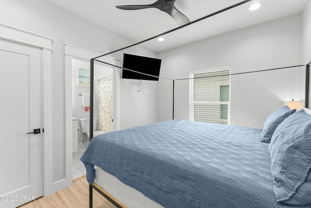 bedroom with ceiling fan, wood finished floors, and recessed lighting