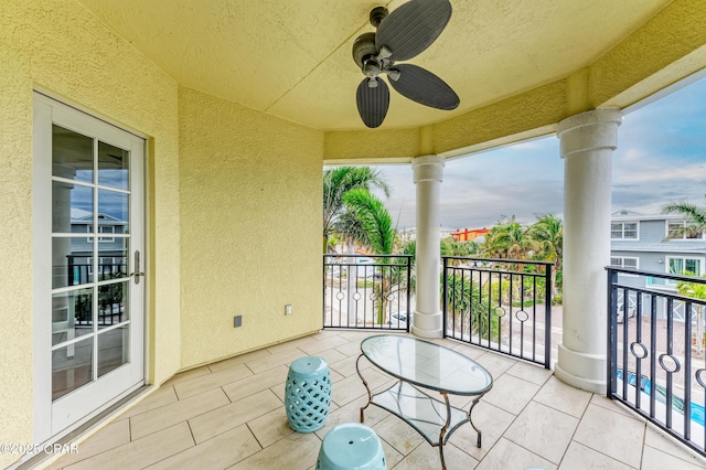 balcony featuring ceiling fan