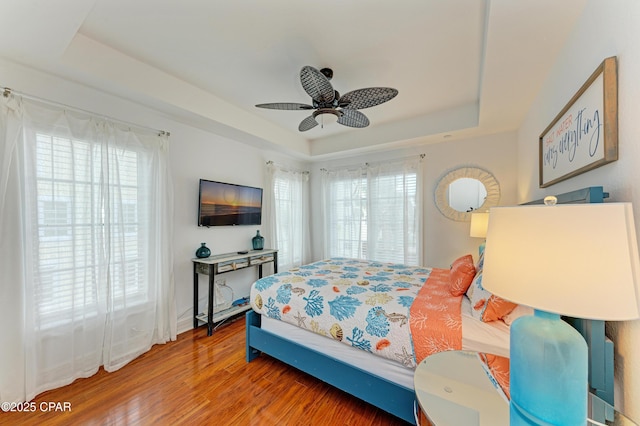 bedroom with a raised ceiling, multiple windows, ceiling fan, and wood finished floors