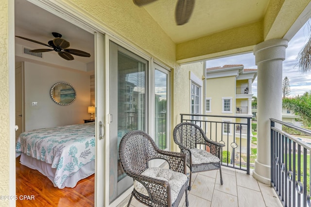 balcony with ceiling fan and visible vents