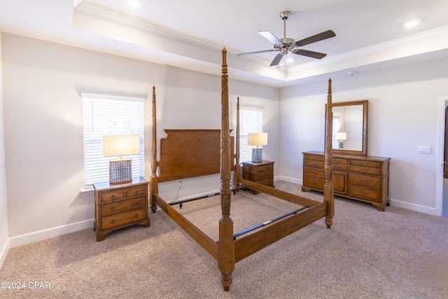 carpeted bedroom with a raised ceiling, multiple windows, and ornamental molding