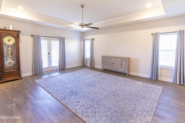 interior space featuring french doors, dark hardwood / wood-style flooring, a tray ceiling, and a wealth of natural light