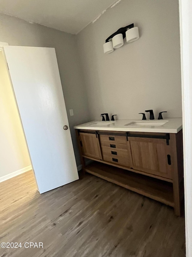 bathroom featuring vanity and wood-type flooring