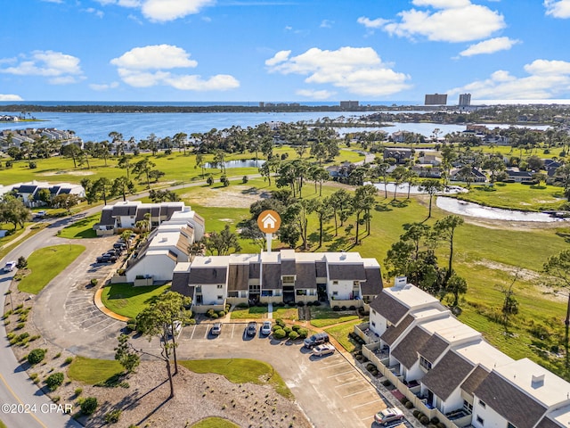 bird's eye view with a water view