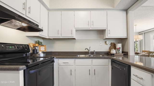 kitchen with a textured ceiling, sink, white cabinetry, and black appliances