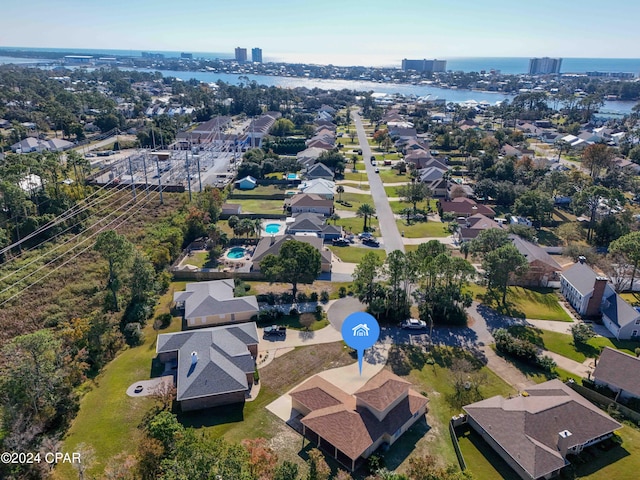 bird's eye view with a water view