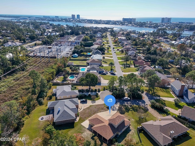 drone / aerial view with a water view