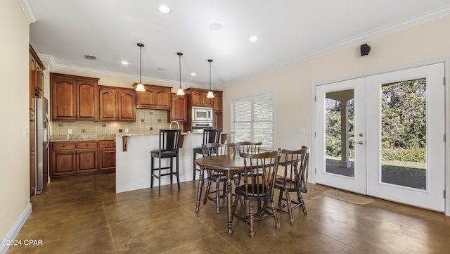dining area with visible vents, recessed lighting, french doors, and ornamental molding