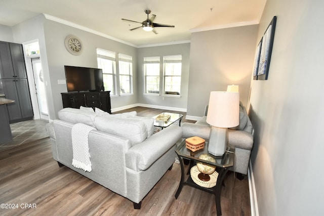 living room with crown molding, ceiling fan, and dark wood-type flooring