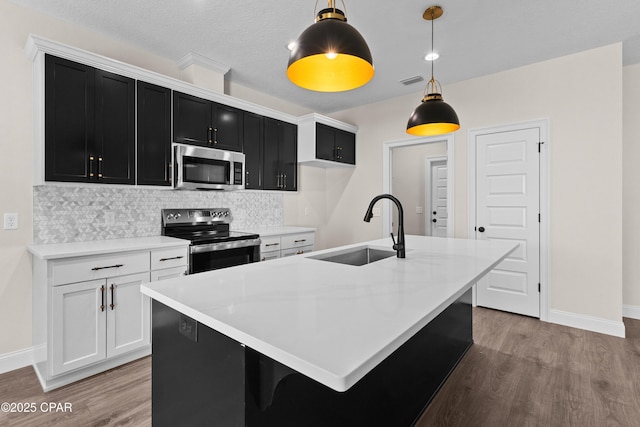 kitchen featuring stainless steel appliances, hanging light fixtures, sink, and a center island with sink