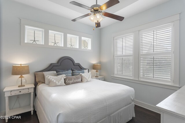 living room with ceiling fan with notable chandelier, a healthy amount of sunlight, dark hardwood / wood-style flooring, and a tray ceiling