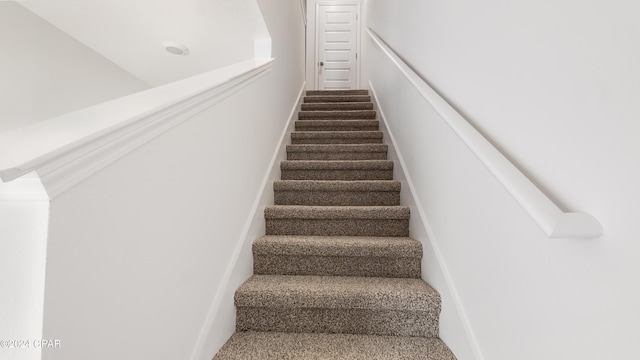 stairway featuring carpet flooring