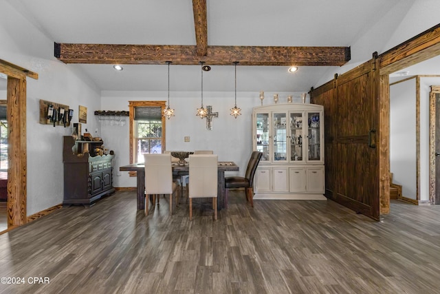 dining space with a chandelier, vaulted ceiling with beams, a barn door, and dark wood-type flooring