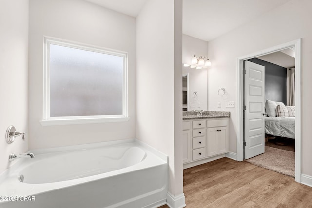 bathroom with a tub, vanity, and hardwood / wood-style flooring