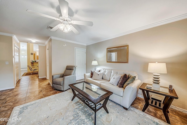 living room featuring ceiling fan, crown molding, and light tile patterned flooring