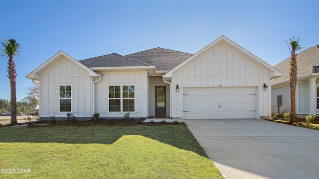 modern farmhouse with a shingled roof, board and batten siding, concrete driveway, a front yard, and an attached garage