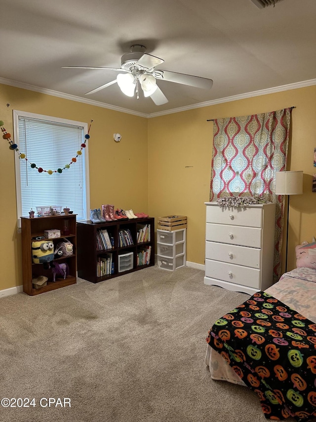 bedroom featuring carpet, ceiling fan, and crown molding