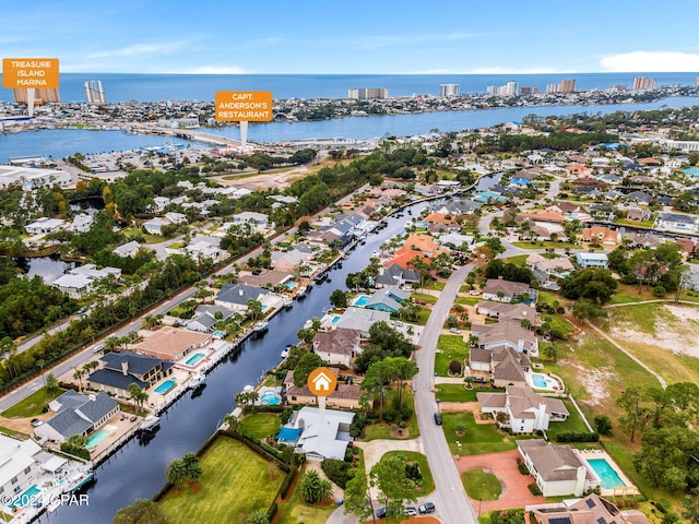 aerial view featuring a water view