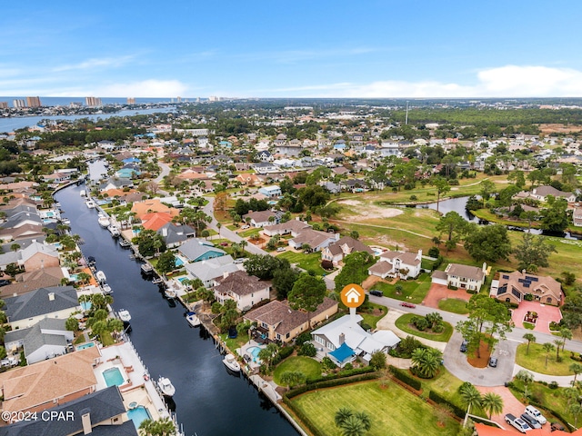 bird's eye view with a water view