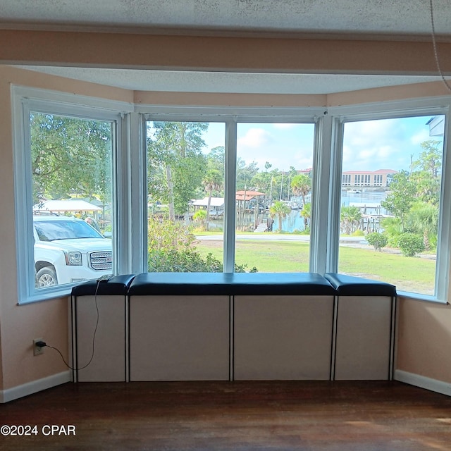 interior space featuring a water view and dark wood-type flooring