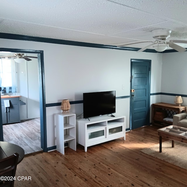 living room with a textured ceiling and dark wood-type flooring