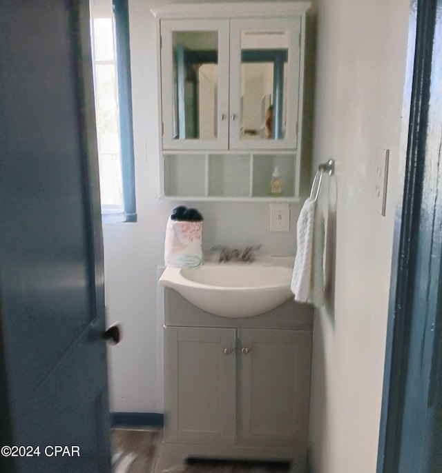 bathroom with hardwood / wood-style floors and vanity