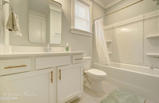 full bathroom featuring vanity, shower / tub combo, and toilet