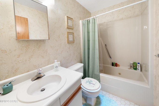 full bathroom with toilet, vanity, and shower / tub combo with curtain