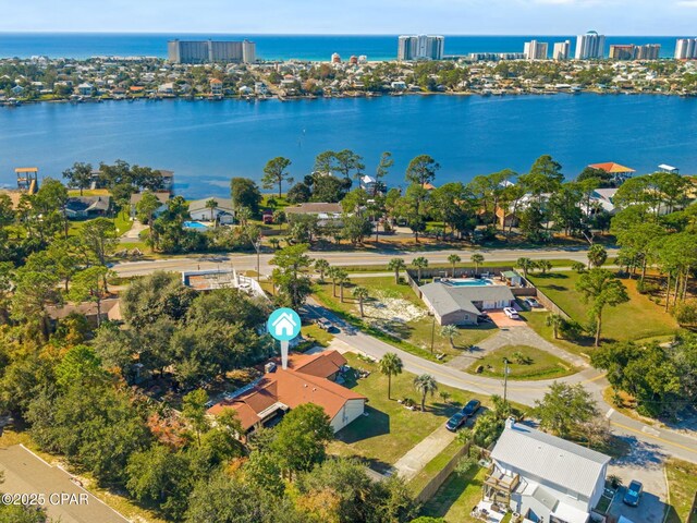 aerial view featuring a water view