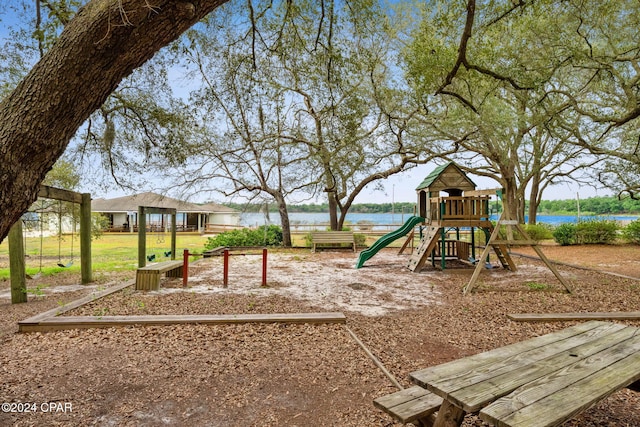 view of play area featuring a water view