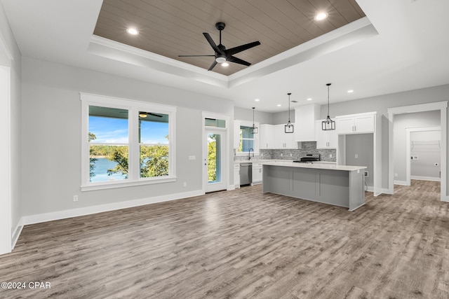 kitchen featuring decorative light fixtures, a center island, a raised ceiling, and white cabinetry