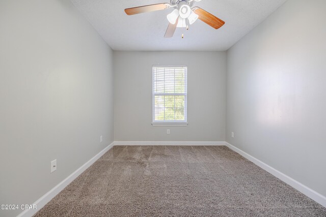 empty room featuring ceiling fan, carpet, and a textured ceiling