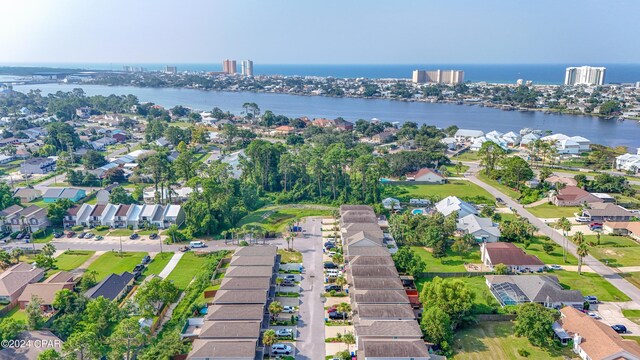 bird's eye view with a water view