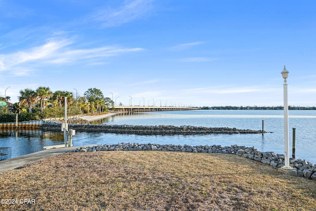 exterior space with a water view