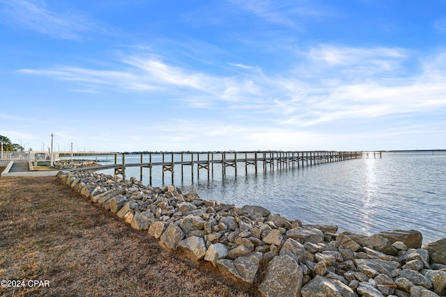 view of dock with a water view