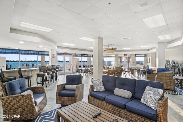 building lobby with a water view