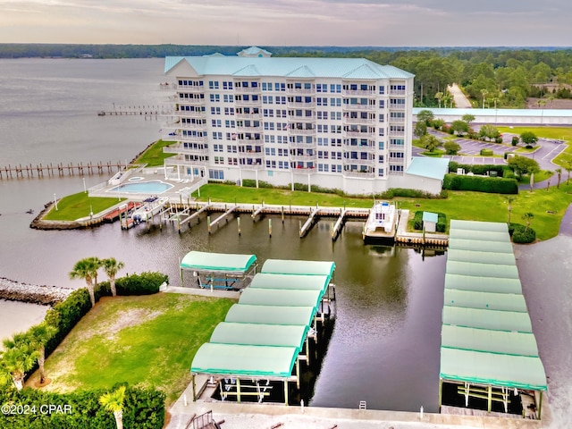 drone / aerial view with a water view