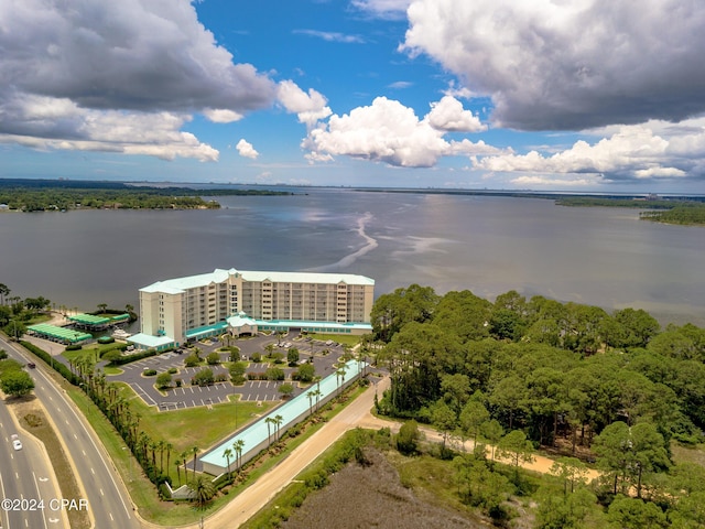 aerial view featuring a water view