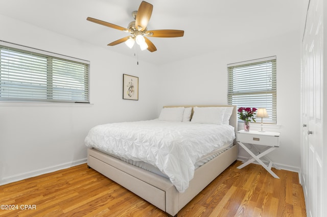 bedroom featuring light wood-type flooring, ceiling fan, and a closet