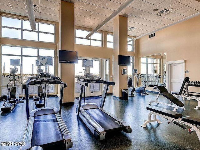 workout area featuring a towering ceiling, a paneled ceiling, and a healthy amount of sunlight