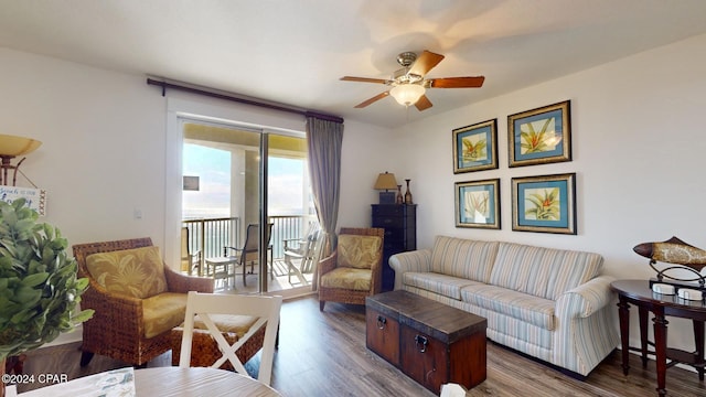 living room with hardwood / wood-style flooring and ceiling fan